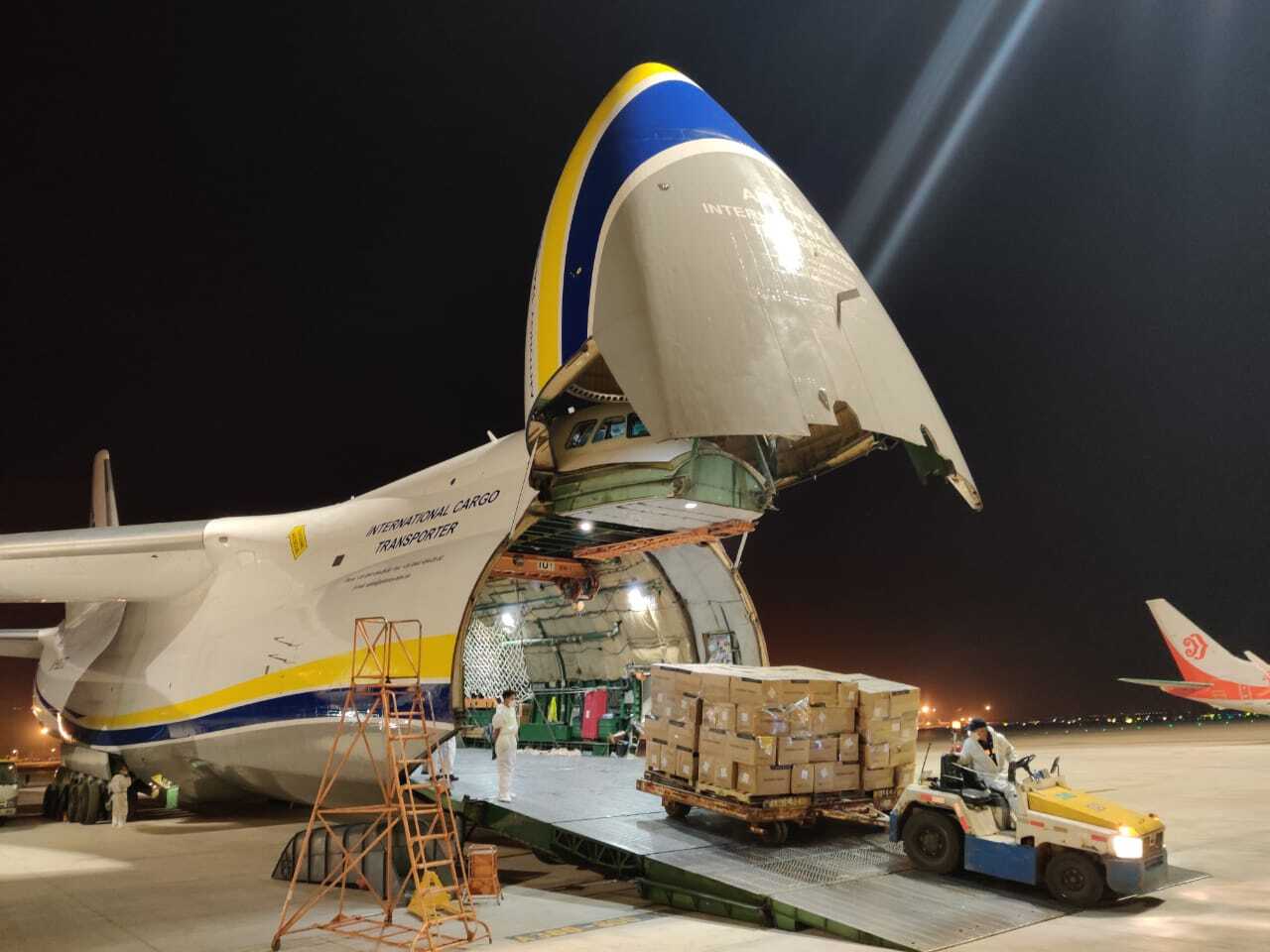 Antonov AN-225 being loaded with boxes of PPE